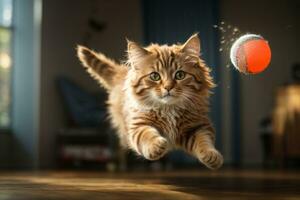 AI generated Tabby cat leaping gracefully with floating fur in warm, sunlit room Generative by AI photo