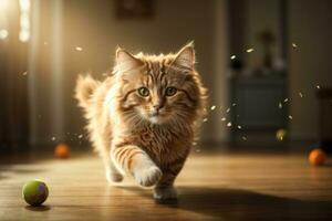 AI generated Tabby cat leaping gracefully with floating fur in warm, sunlit room Generative by AI photo