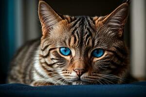 ai generado de cerca de un marrón atigrado gato con sorprendentes azul ojos acostado abajo generativo por ai foto