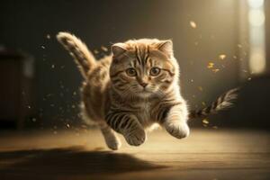 AI generated Tabby cat leaping gracefully with floating fur in warm, sunlit room Generative by AI photo