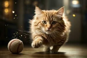 AI generated Tabby cat leaping gracefully with floating fur in warm, sunlit room Generative by AI photo