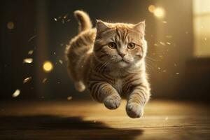 AI generated Tabby cat leaping gracefully with floating fur in warm, sunlit room Generative by AI photo