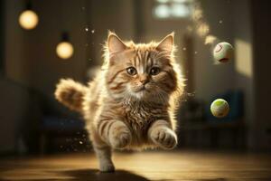 AI generated Tabby cat leaping gracefully with floating fur in warm, sunlit room Generative by AI photo