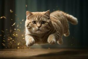 AI generated Tabby cat leaping gracefully with floating fur in warm, sunlit room Generative by AI photo