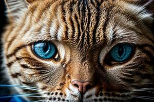 ai generado de cerca de un marrón atigrado gato con sorprendentes azul ojos acostado abajo generativo por ai foto