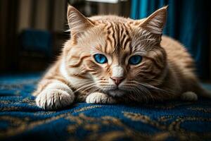 AI generated Close-up of a brown tabby cat with striking blue eyes lying down Generative by AI photo
