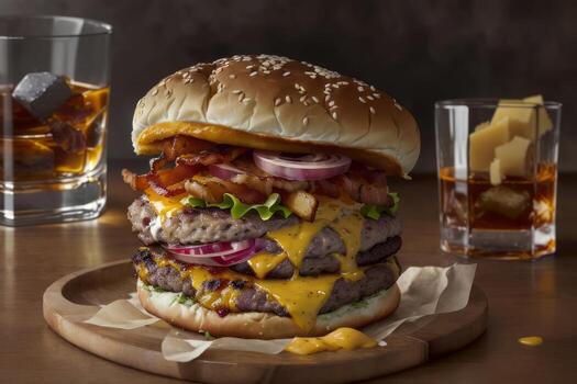 AI generated Double cheeseburger with bacon, lettuce, and tomato Generative by AI photo