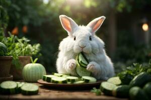 ai generado blanco Conejo comiendo Pepino en un jardín con calabacines y plantas alrededor, generativo por ai foto