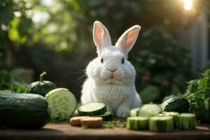 ai generado blanco Conejo comiendo Pepino en un jardín con calabacines y plantas alrededor, generativo por ai foto