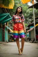 AI generated Young woman in colorful attire at a traditional Asian market with festive decorations Generative by AI photo