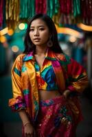 AI generated Young woman in colorful attire at a traditional Asian market with festive decorations Generative by AI photo