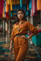 AI generated Young woman in colorful attire at a traditional Asian market with festive decorations Generative by AI photo