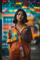 AI generated Young woman in colorful attire at a traditional Asian market with festive decorations Generative by AI photo