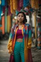 AI generated Young woman in colorful attire at a traditional Asian market with festive decorations Generative by AI photo