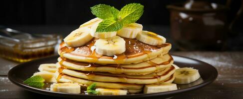 AI generated hot fresh made pancakes with slices of bananas photo