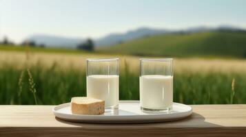 AI generated two glasses of milk and a loaf of bread on a wooden table with grassy surroundings photo