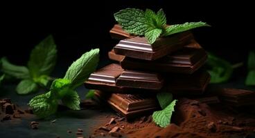 ai generado algunos chocolate piezas y menta hojas en un oscuro antecedentes foto