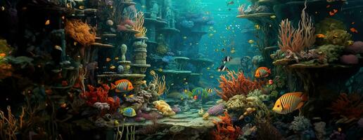 AI Generated Tropical sea underwater fishes on coral reef. Aquarium oceanarium wildlife colorful marine panorama landscape nature snorkel diving. AI Generative. photo