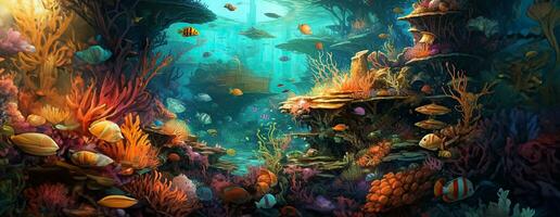 AI Generated Tropical sea underwater fishes on coral reef. Aquarium oceanarium wildlife colorful marine panorama landscape nature snorkel diving. AI Generative. photo