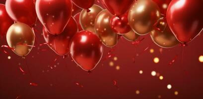 AI generated red glitter balloons floating over a red background photo