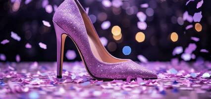 AI generated purple glitter heels on top of colored confetti, photo