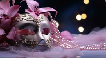 AI generated orchid mask in flower vase on pink background, pearls, and beads photo