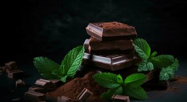 ai generado algunos chocolate piezas y menta hojas en un oscuro antecedentes foto