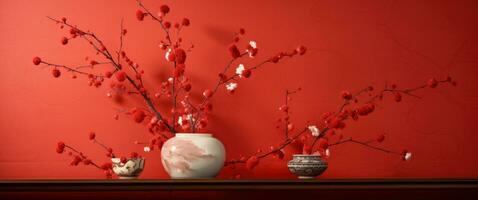 AI generated red wall with kimono cherry blossoms photo