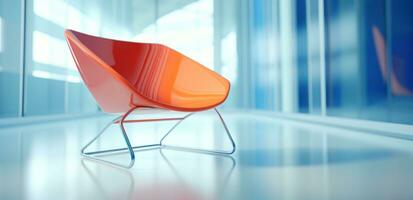 AI generated in an office with colorful walls, a bright orange chair lies against glass photo