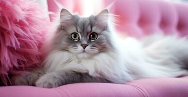 AI generated cute fluffy cat laying down and looking at the camera photo