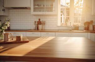 AI generated kitchen set with wooden countertop and coffee table photo