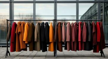 AI generated large selection of coats are hung on a rail outside photo