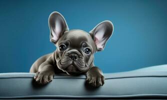 AI generated a baby french bulldog lying on top of a blue sofa photo