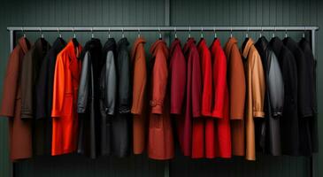 AI generated large selection of coats are hung on a rail outside photo