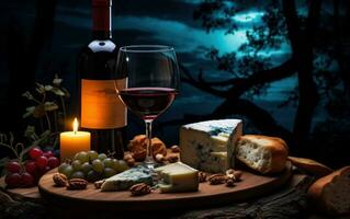 AI generated wine and cheese in a glass on a wooden board behind some lights photo