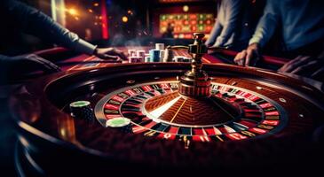 ai generado jugadores girar ruleta en un ruleta mesa utilizando tarjetas y chip foto