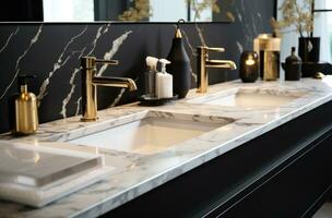 AI generated quartz countertops, sinks for home bathrooms photo