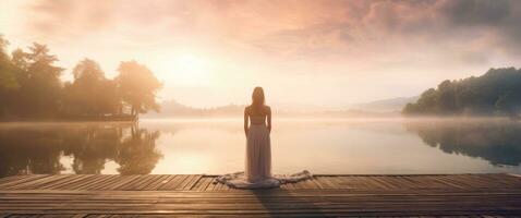 ai generado mujer en un de madera muelle cerca un lago foto