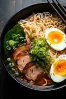 AI generated A drool-worthy image of a spicy bowl of ramen noodles, topped with slices of tender pork photo