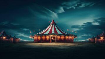 AI generated red and yellow circus tent at night with lights photo