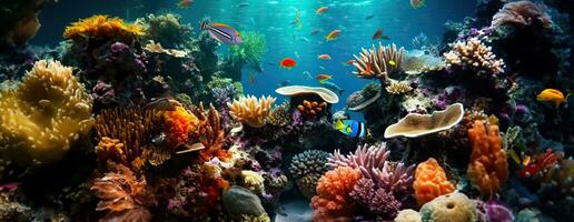 AI Generated Tropical sea underwater fishes on coral reef. Aquarium oceanarium wildlife colorful marine panorama landscape nature snorkel diving. AI Generative. photo