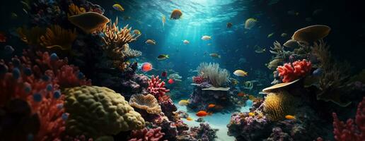 AI Generated Tropical sea underwater fishes on coral reef. Aquarium oceanarium wildlife colorful marine panorama landscape nature snorkel diving. AI Generative. photo