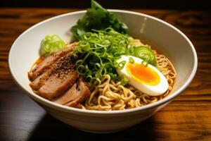 AI generated A drool-worthy image of a spicy bowl of ramen noodles, topped with slices of tender pork photo