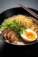 AI generated A drool-worthy image of a spicy bowl of ramen noodles, topped with slices of tender pork photo