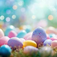 ai generado un vistoso primavera antecedentes con color pastel Pascua de Resurrección huevos dispersado a lo largo de el imagen foto