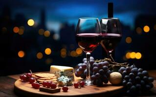 AI generated a glass of red wine on a wooden platter with cheese and grapes photo