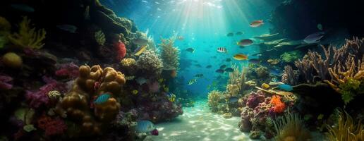 AI Generated Tropical sea underwater fishes on coral reef. Aquarium oceanarium wildlife colorful marine panorama landscape nature snorkel diving. AI Generative. photo