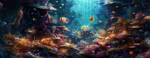 AI Generated Tropical sea underwater fishes on coral reef. Aquarium oceanarium wildlife colorful marine panorama landscape nature snorkel diving. AI Generative. photo