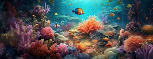 AI Generated Tropical sea underwater fishes on coral reef. Aquarium oceanarium wildlife colorful marine panorama landscape nature snorkel diving. AI Generative. photo