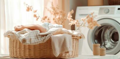 AI generated a laundry basket is placed n a small table in front of a washing machine photo